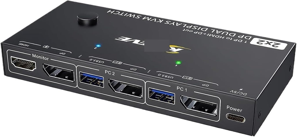Displayport KVM Switch 2 Monitors 2 Computers 4K@144Hz(1 DP in,DP+HDMI Out),Dual Monitor KVM Switch Displayport 1.4