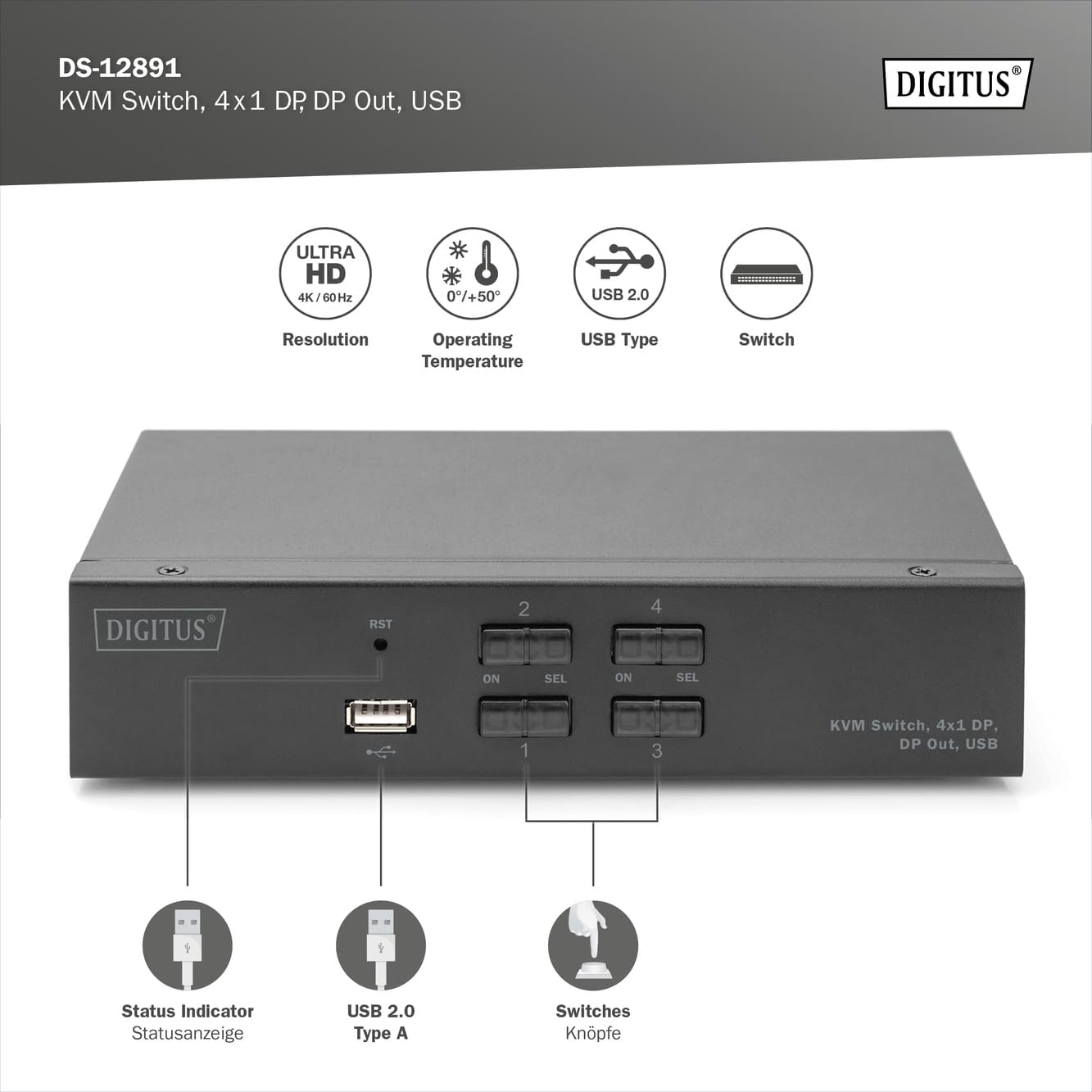 DIGITUS Displayport KVM Switch - 4-Port Single Display - 4 PC 1 Monitor - 1x Mouse, Keyboard & Audio for 4 Computers - UHD 4K@60Hz (4096 x 2160p) - Hot Key Switch - 1x USB 2.0 Hub - Black
