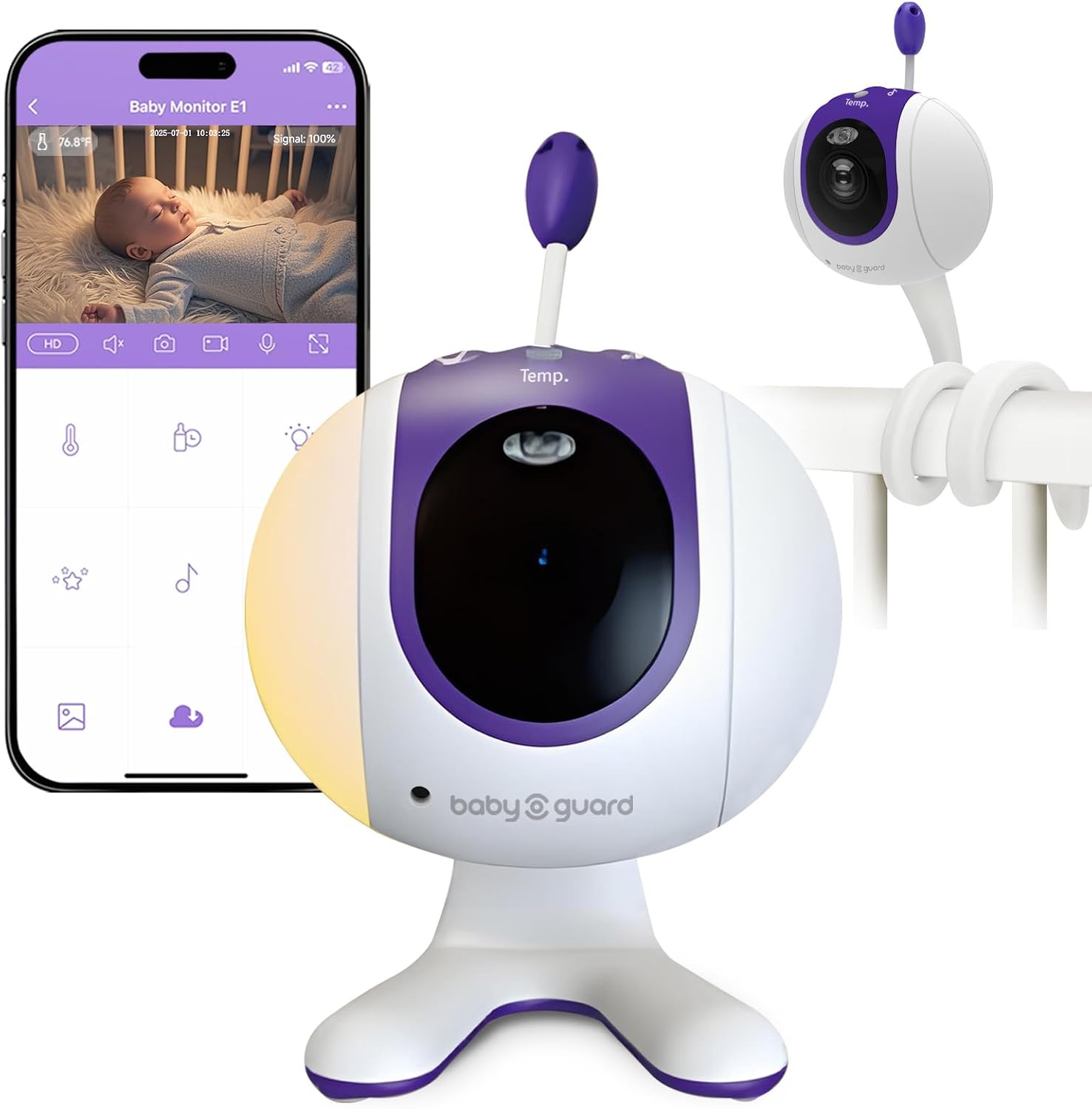 Baby Monitor Camera with Flexible Mount, 1080p 2.4GHz Wi-Fi, Requires Tuya Smart App, Color Night Vision, Sound/Motion Alerts, Temp Sensor, 2-Way Audio, Lullabies, Night Light, TF/Cloud Storage(32G)