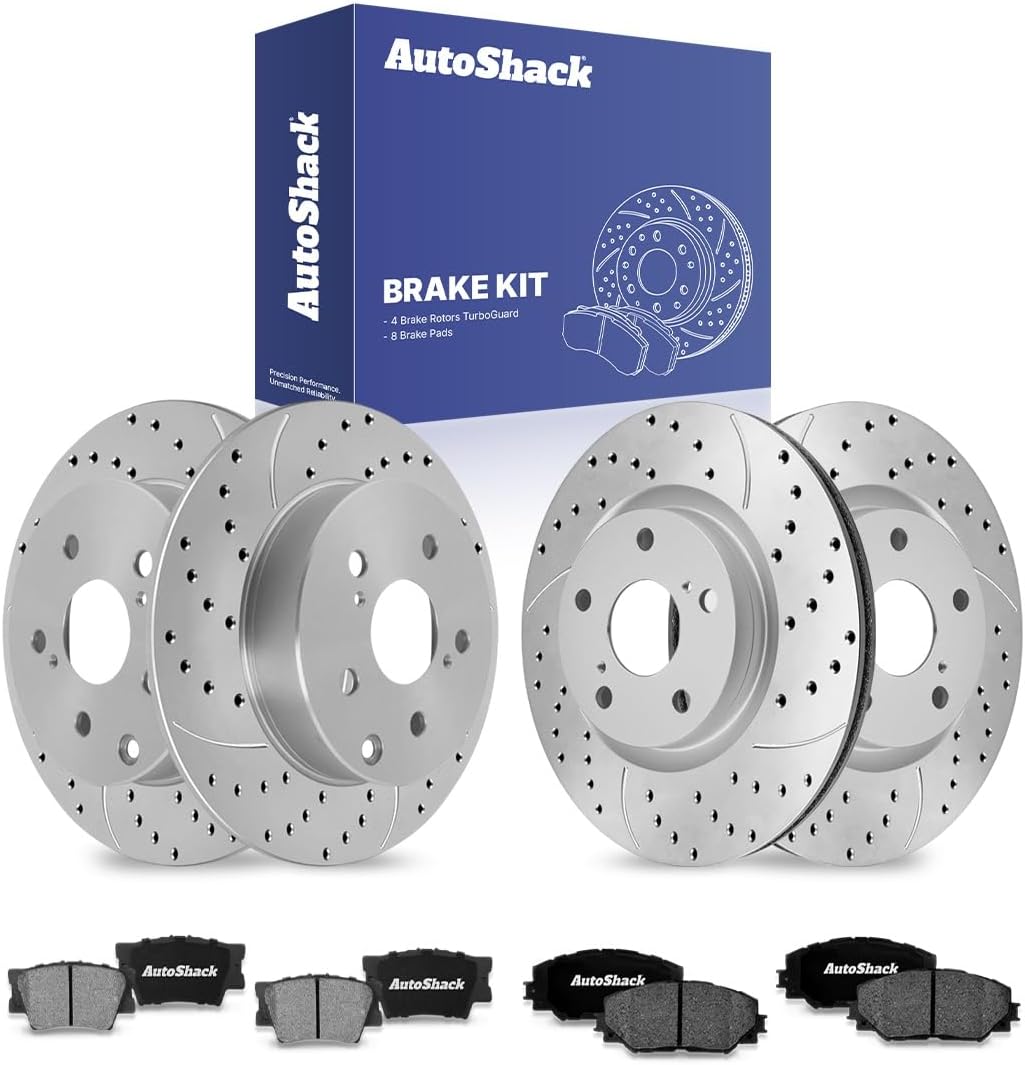 AutoShack Front & Rear Brake Rotors & Ceramic Pads for Toyota & Lexus, RAV4 2006-2008 HS250h 2010-2012, FWD 4WD L4 2.4L - Coated Drilled & Slotted - Silver Matte Finish - TurboGuard