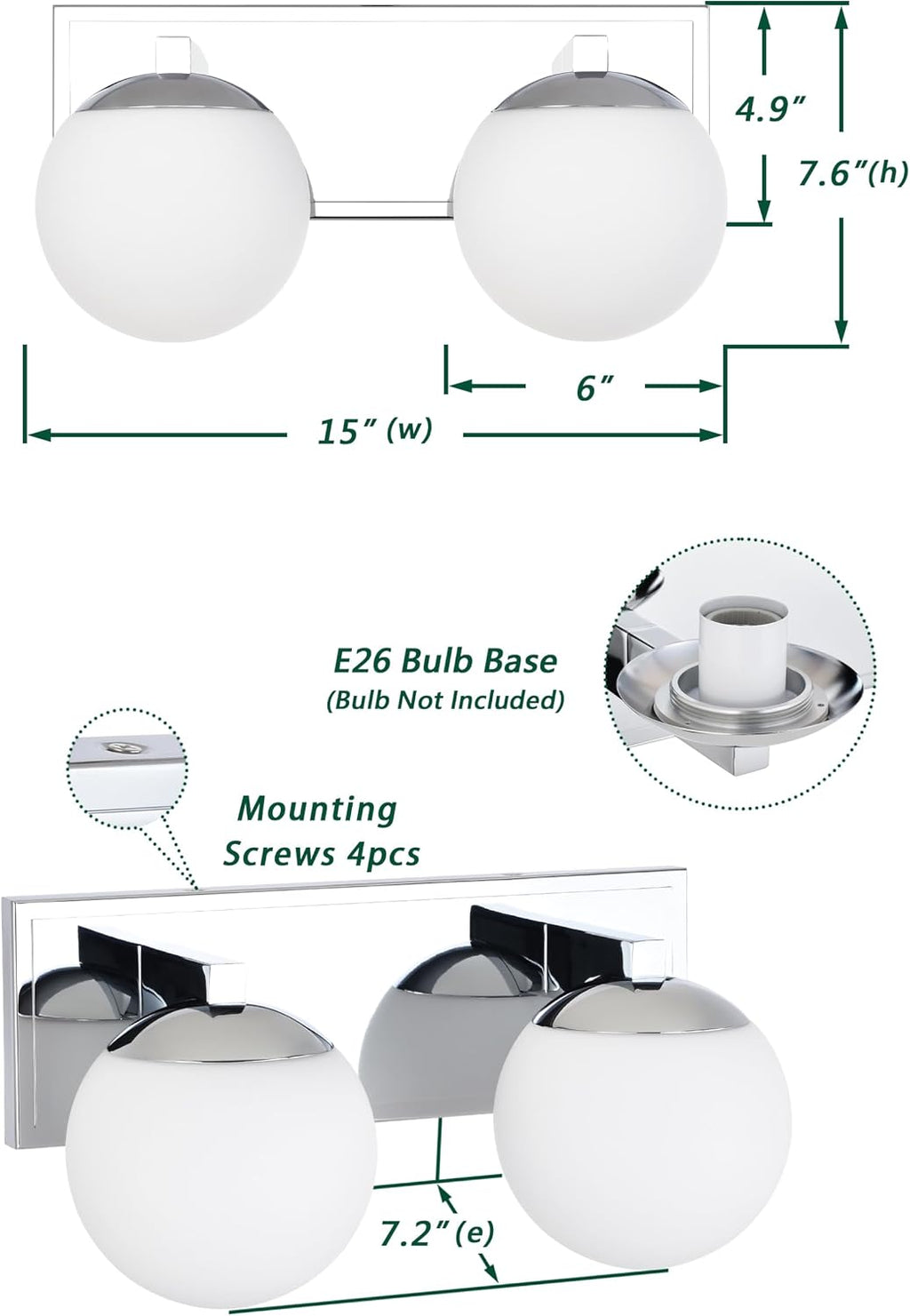 Chrome Bathroom Vanity Light Fixtures, 2-Light Globe Bathroom Lighting Fixtures Over Mirror, Modern Wall Lights for Living Room, Long Backplate, Standard E26 Base, Chrome