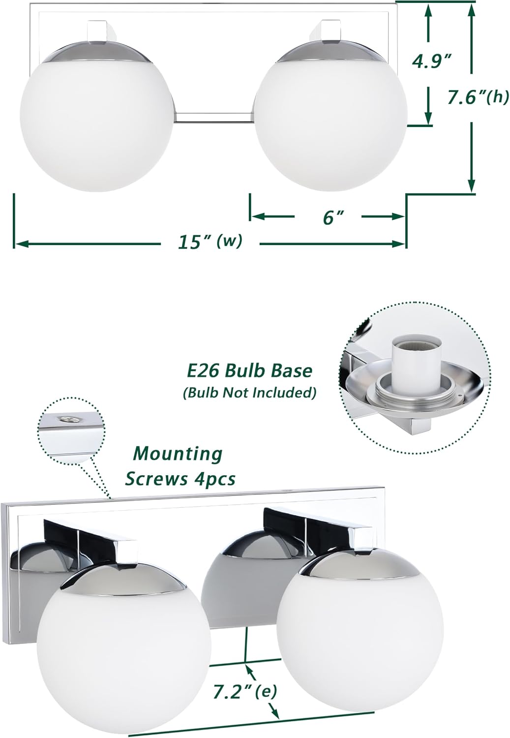 Chrome Bathroom Vanity Light Fixtures, 2-Light Globe Bathroom Lighting Fixtures Over Mirror, Modern Wall Lights for Living Room, Long Backplate, Standard E26 Base, Chrome