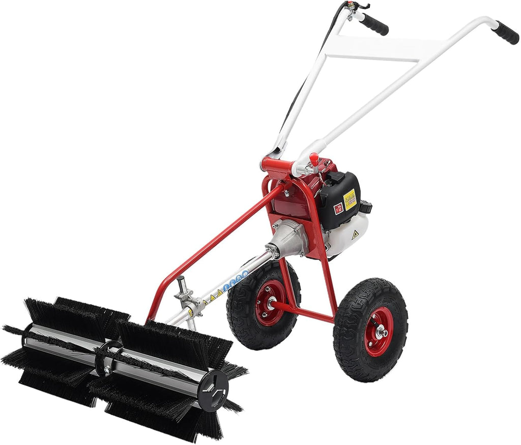 Gas Power Broom 37.CC 2.3HP 4 Stroke Gasoline Powered Artificial Lawn Sweeper Walk-Behind Outdoor Hand Push Sweeper, for Dirt Grass Leaves Lawn Debris Artificial Turf Snow Cleaning