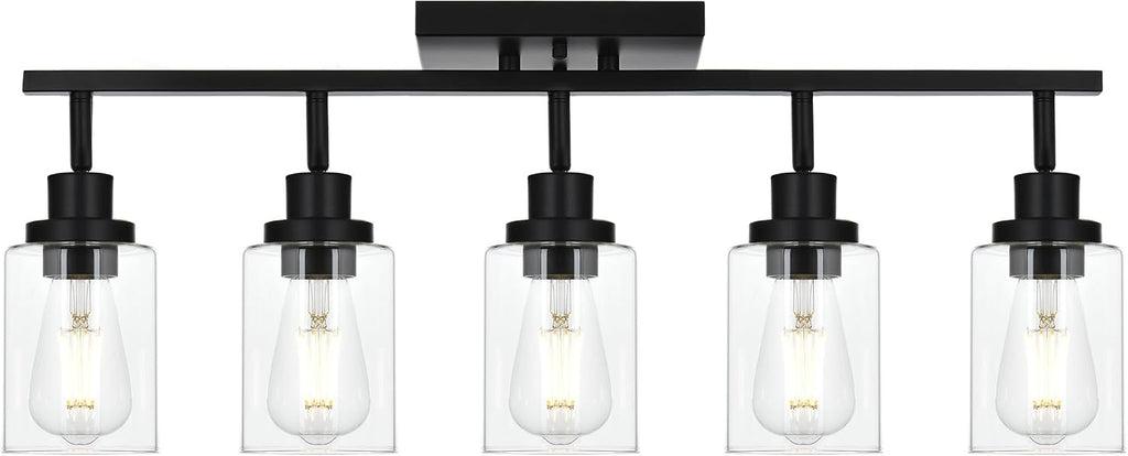 5-Light Track Lighting Kit Black Track Lighting Fixtures Bathroom Wall Sconces Ceiling Mount Kitchen Tracking Lights, Rotatable Spotlight with Clear Glass Shade for Kitchen Shop Hallway