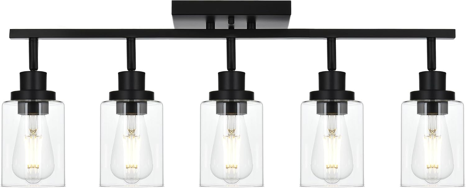 5-Light Track Lighting Kit Black Track Lighting Fixtures Bathroom Wall Sconces Ceiling Mount Kitchen Tracking Lights, Rotatable Spotlight with Clear Glass Shade for Kitchen Shop Hallway
