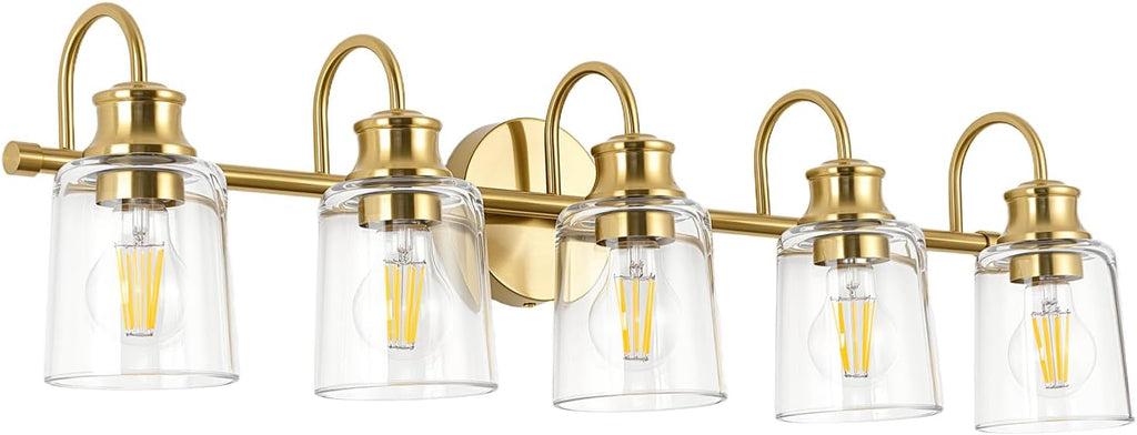5 Lights Bathroom Light Fixtures Modern Gold Vanity Lights for Bathroom Lighting Fixtures Over Mirror with Clear Glass Shade for Cabinet Mirror Bedroom Hallway
