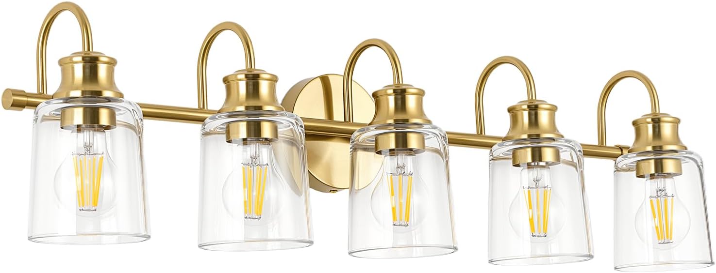 5 Lights Bathroom Light Fixtures Modern Gold Vanity Lights for Bathroom Lighting Fixtures Over Mirror with Clear Glass Shade for Cabinet Mirror Bedroom Hallway