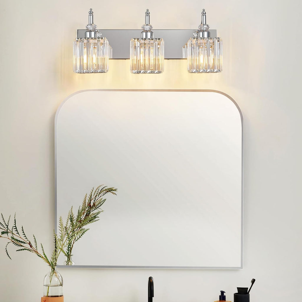 Modern Bathroom Vanity Light 3-Light Chrome Crystal Light Fixtures Over Mirror for Bathroom Wall Sconce