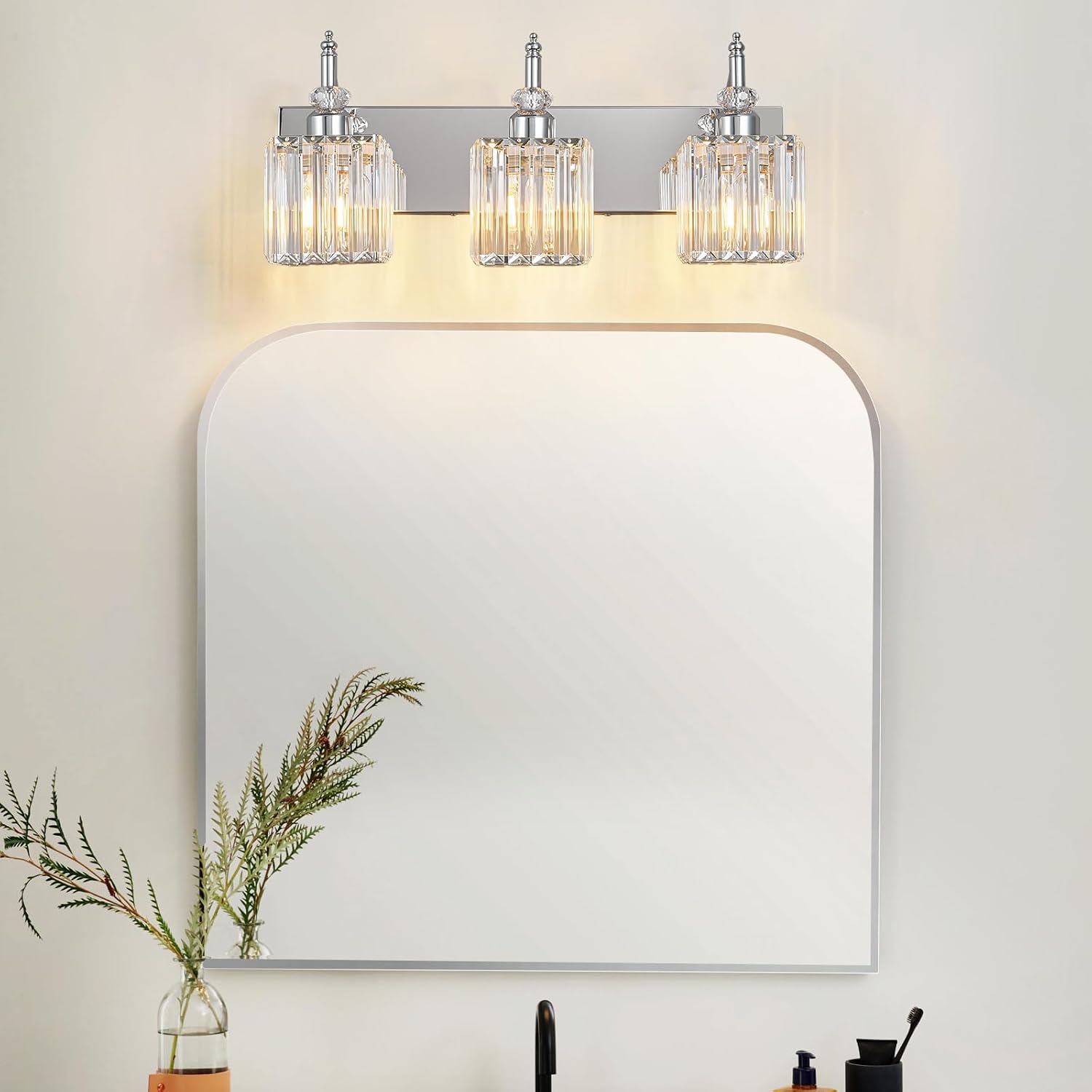 Modern Bathroom Vanity Light 3-Light Chrome Crystal Light Fixtures Over Mirror for Bathroom Wall Sconce