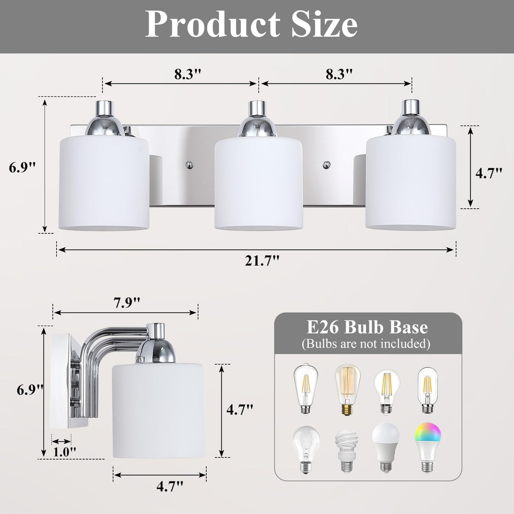 Mecgirn Stainless Steel Milk Glass Vanity Lights for Bathroom, 3 Light Polished Chrome Bathroom Light Fixtures Over Mirror, Ceramic E26 Sockets Wall Mounted