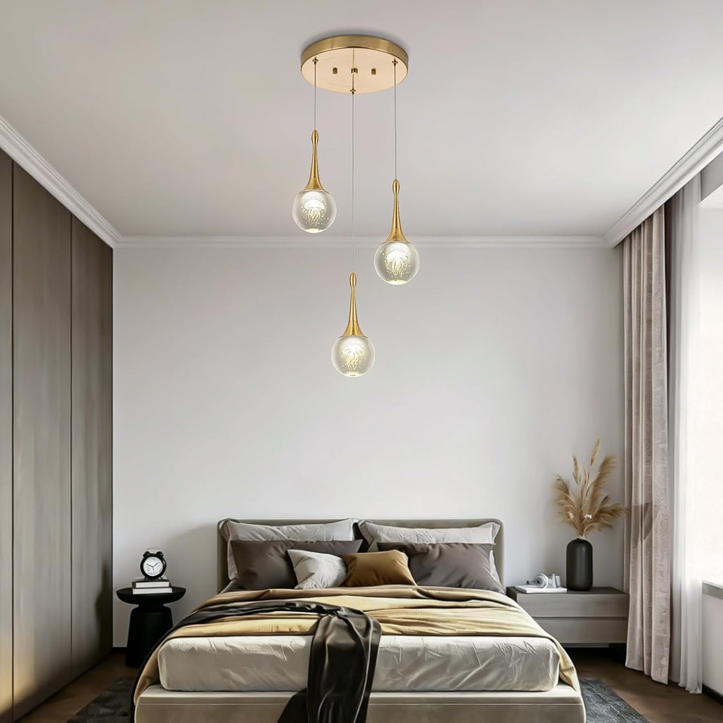 CHYING 3-Lights Pendant Lights Kitchen Island, Modern LED Dimmable Globe Crystal Jellyfish Teardrop Ceiling Pendant Lighting for Dining Room Hallway Entryway Bedroom, Gold Warm White