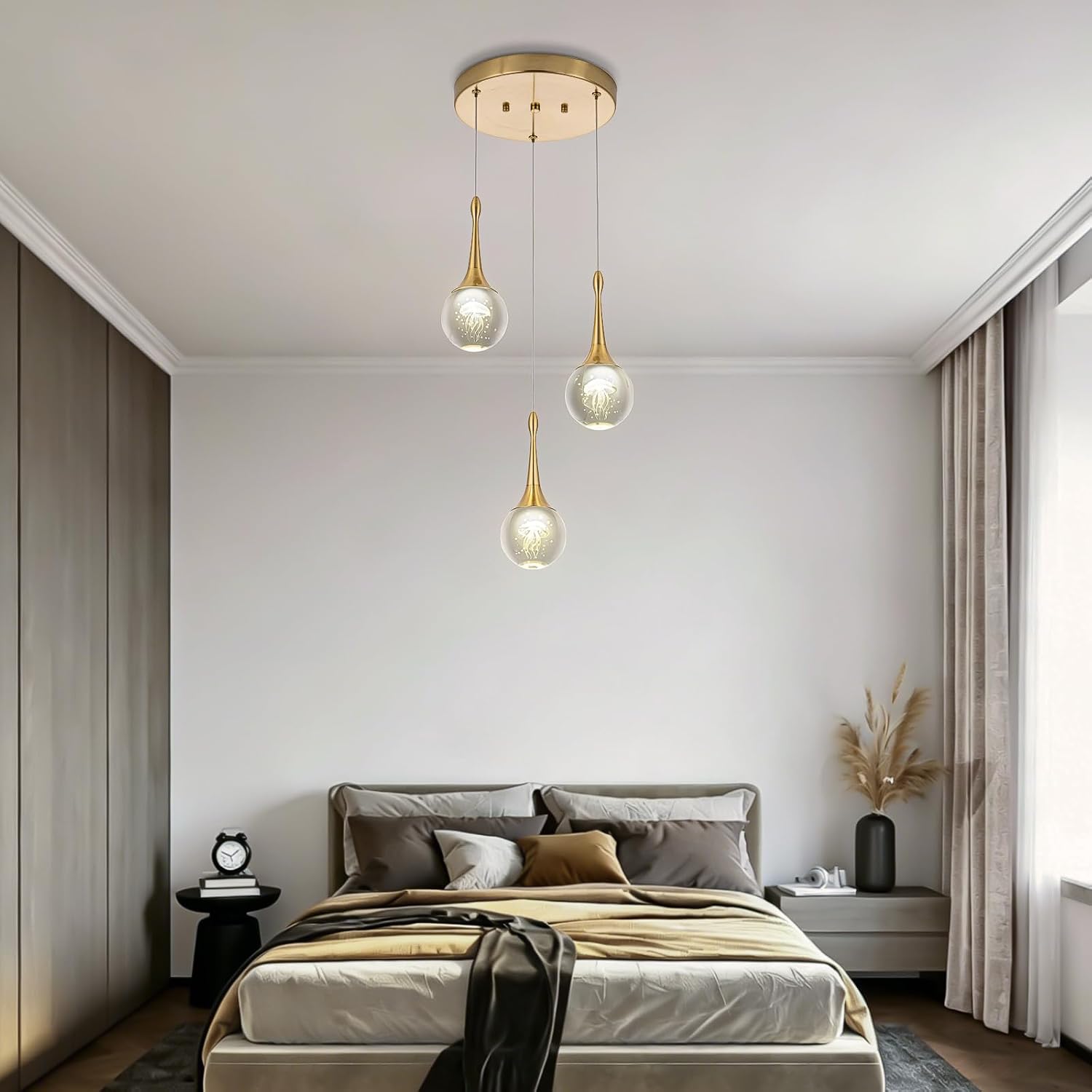 CHYING 3-Lights Pendant Lights Kitchen Island, Modern LED Dimmable Globe Crystal Jellyfish Teardrop Ceiling Pendant Lighting for Dining Room Hallway Entryway Bedroom, Gold Warm White