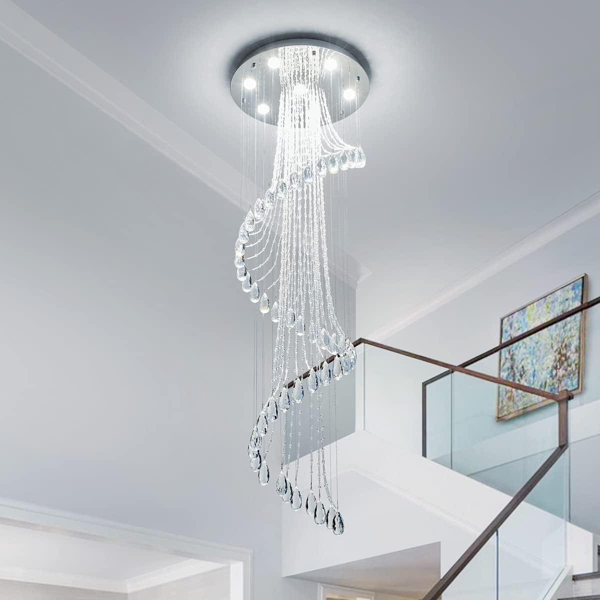 Saint Mossi 7-Lights K9 Crystal Chandelier, Raindrop Chandelier Light Fixture, Modern High Ceiling Lighting, Modern Pendant Light Flush Mount Ceiling Light Fixture,H71 x D24
