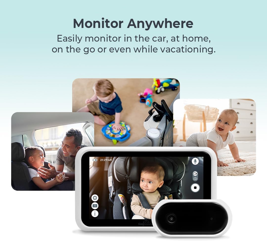 Tiny Traveler 5' HD Touch Screen Baby Car Monitor – Hackproof, No WiFi Baby Camera for Travel Home – Rear-Facing Car Seat Monitor with Night Vision Headrest or Clamp Mount Baby Reminder Alert White