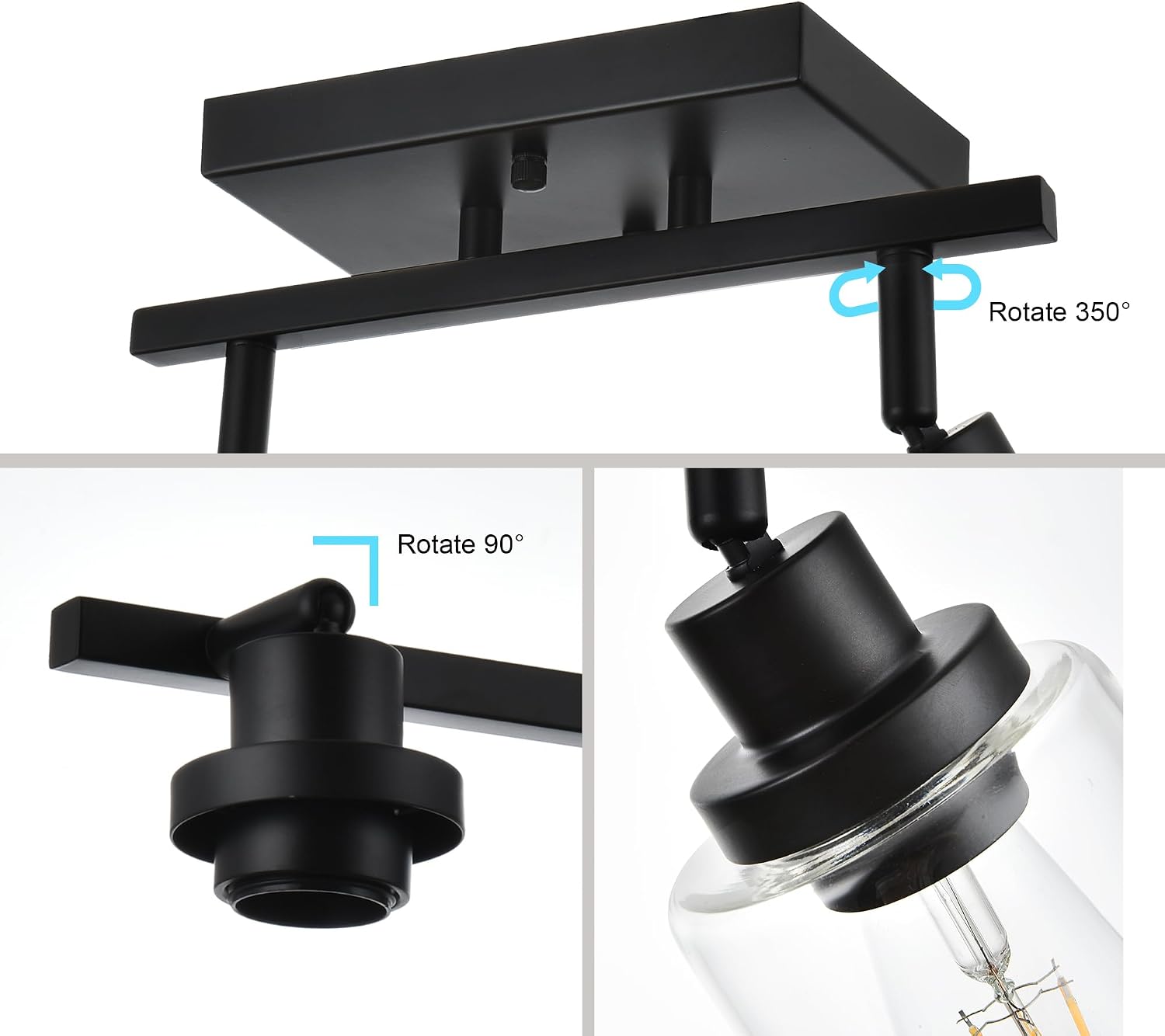 4-Light Track Lighting Kit Black Track Lighting Fixtures Bathroom Wall Sconces Ceiling Mount Kitchen Tracking Lights, Rotatable Spotlight with Clear Glass Shade for Kitchen Shop Hallway