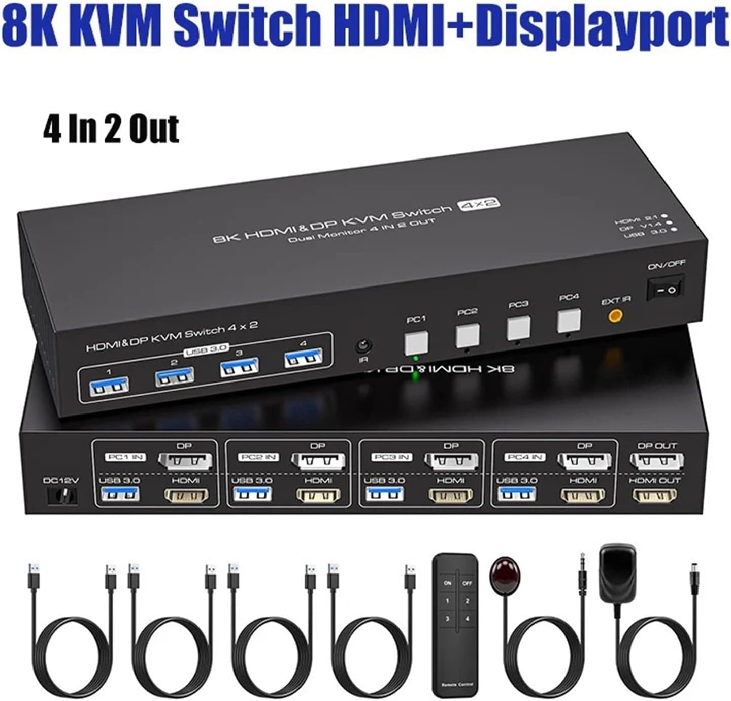 HDMI+Displayport KVM Switch 2 Monitors 4 Computers, 8K@60Hz Dual Display 4x2 USB 3.0 KVM Switch for 4 PC Share Keyboard Mouse(EU Power Plug)