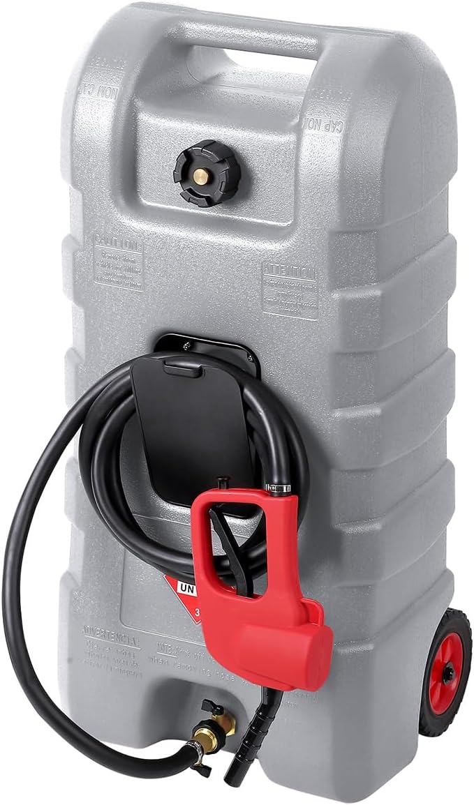 15 Gallon Fuel Caddy – Portable Diesel & Gasoline Tank with Manual Siphon Pump, 10ft Delivery Hose & Wheels for Cars, Boats, ATVs & Lawn Mowers - Grey