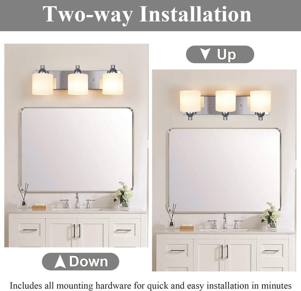 Mecgirn Stainless Steel Milk Glass Vanity Lights for Bathroom, 3 Light Polished Chrome Bathroom Light Fixtures Over Mirror, Ceramic E26 Sockets Wall Mounted