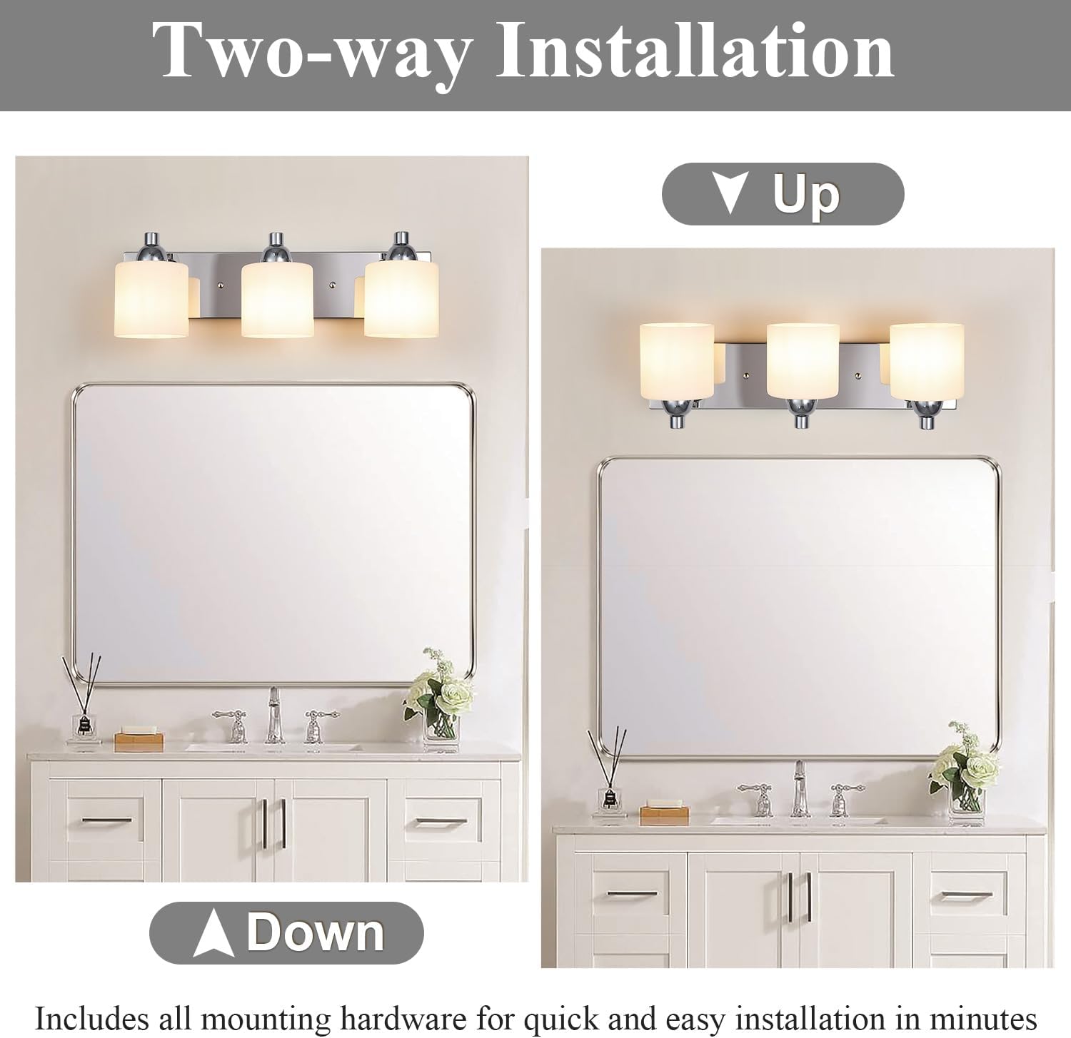Mecgirn Stainless Steel Milk Glass Vanity Lights for Bathroom, 3 Light Polished Chrome Bathroom Light Fixtures Over Mirror, Ceramic E26 Sockets Wall Mounted