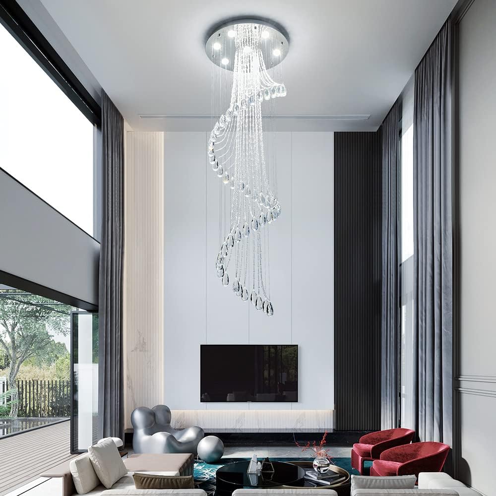 Saint Mossi 7-Lights K9 Crystal Chandelier, Raindrop Chandelier Light Fixture, Modern High Ceiling Lighting, Modern Pendant Light Flush Mount Ceiling Light Fixture,H71 x D24
