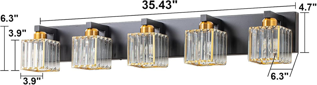 Crystal Black Gold Bathroom Vanity Light, 5-Lights Bathroom Lighting Fixtures Over Mirror Modern Glam Crystal Wall Lighting with Square Shade