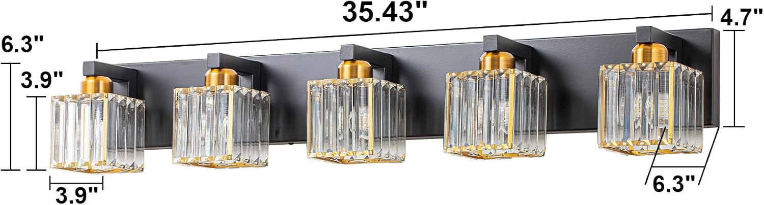 Crystal Black Gold Bathroom Vanity Light, 5-Lights Bathroom Lighting Fixtures Over Mirror Modern Glam Crystal Wall Lighting with Square Shade