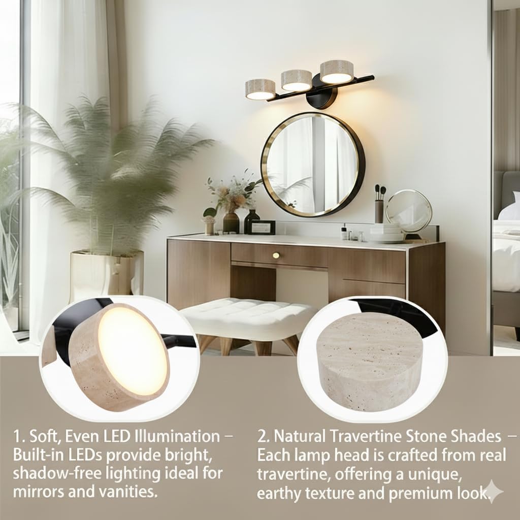 LED Mirror Light with 3 Travertine Stone Shades, Bathroom Vanity Light Fixture, 360° Rotatable Stone Lampshades, Modern Rustic Wall Lamp for Bedroom, Living Room, Hallway (Black-Metal)