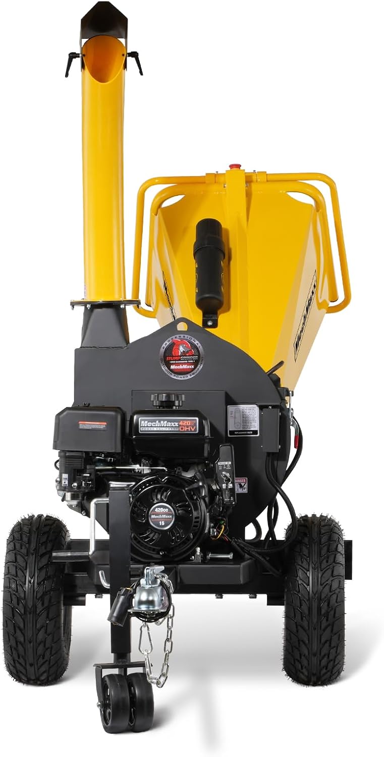 MechMaxx 5'' Inch E-Start 420cc 15hp Gas Powered Wood Chipper Shredder Mulcher with Tail Light, Towbar, Emergency Stop Button, Stop Bar, Model P4205 (Yellow)
