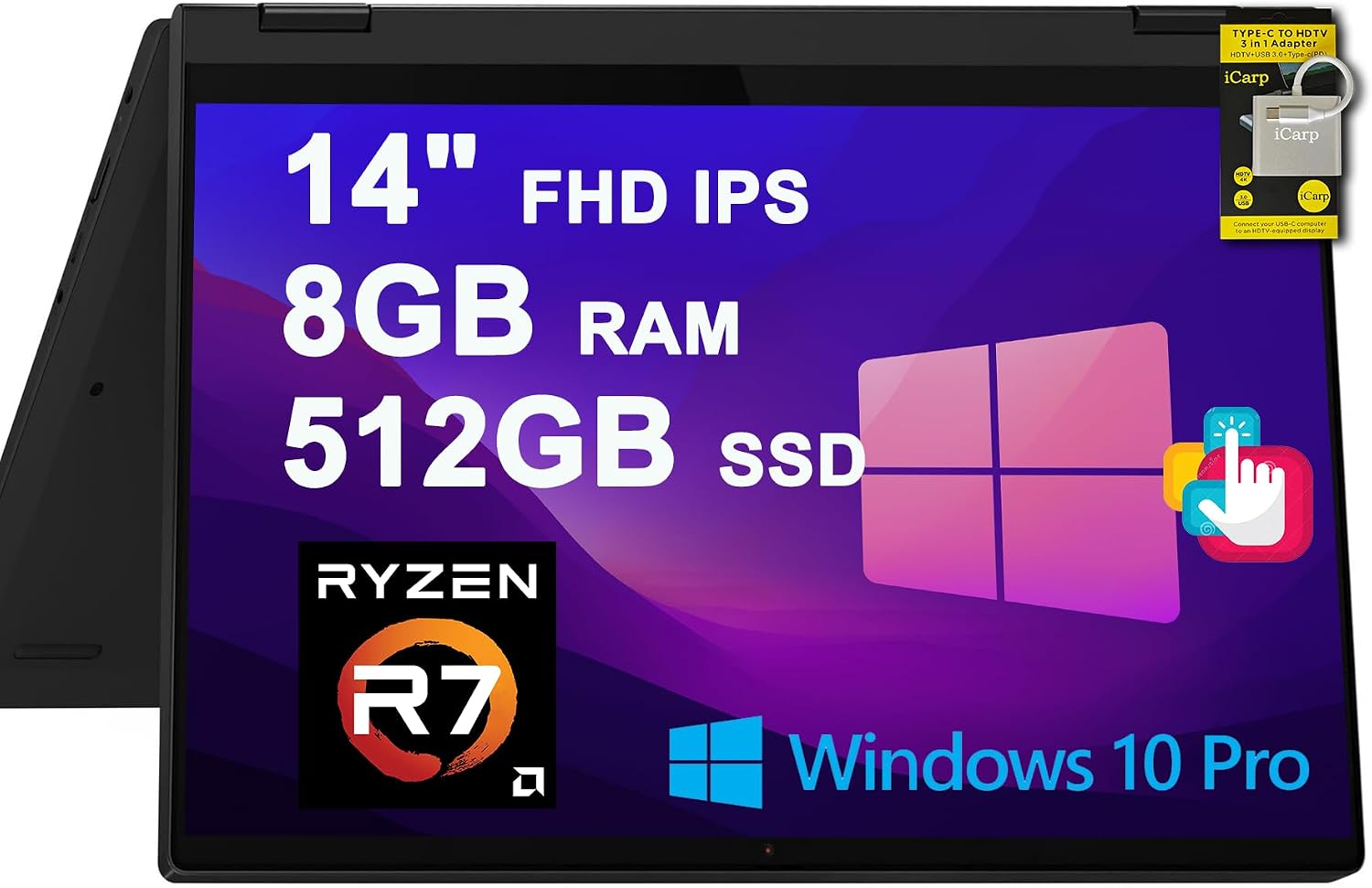 Lenovo IdeaPad Flex 5 2-in-1 Laptop 14' FHD IPS Touchscreen AMD 8-core Ryzen 7 (Up to 4.1GHz) 8GB RAM 512GB SSD Backlit Fingerprint Type-C Win10Pro ICP Hub