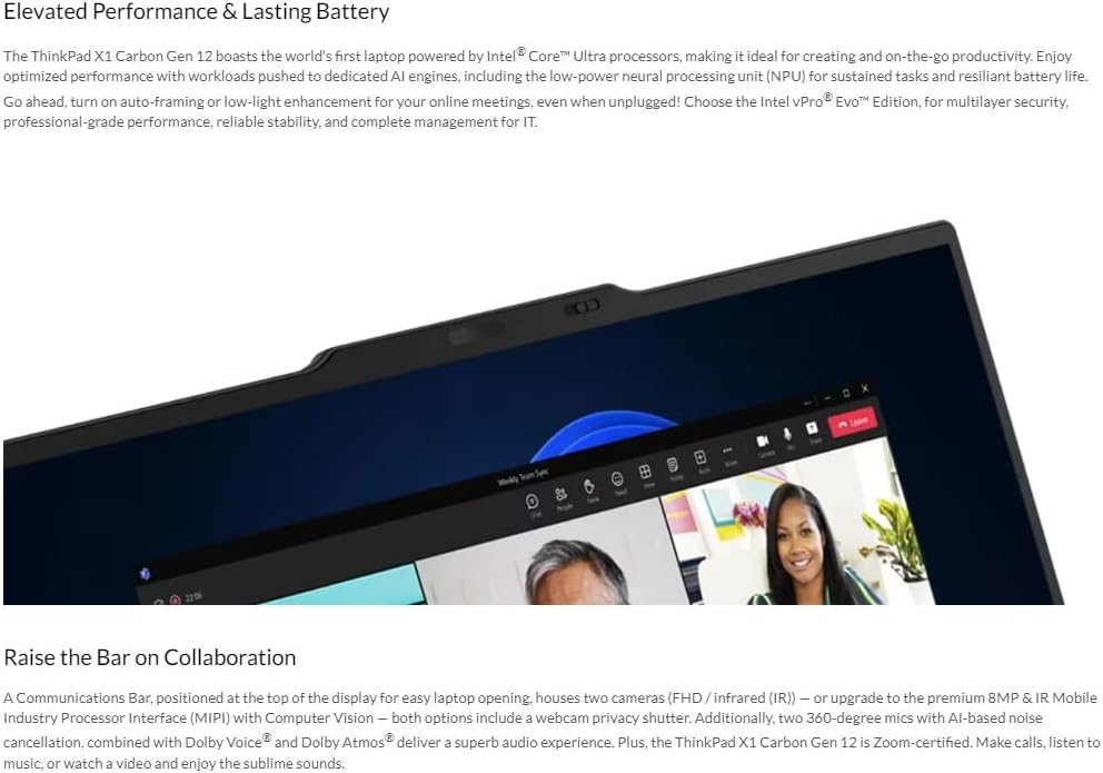 Lenovo Gen 12 ThinkPad X1 Carbon Laptop with Intel Ultra 7 155U Processor, 14' WUXGA 100% sRGB Touchscreen, 32GB 6400MHz RAM, 512GB Gen4 Performance SSD, FHD+ IR+ RGB Camera, and Windows 11 Pro