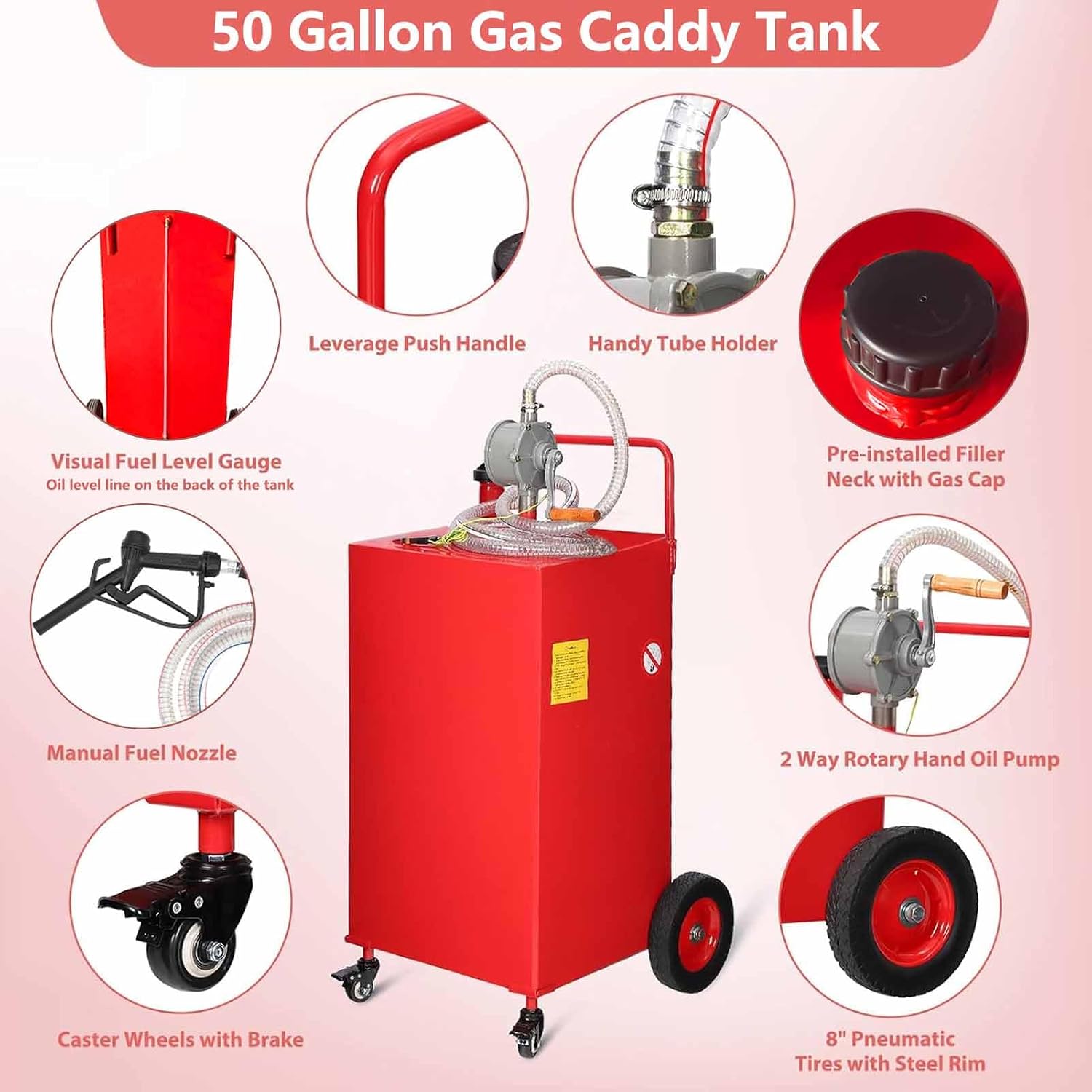 Garvee 50 gal Fuel Caddy with Manual Pump – Heavy Duty Gasoline & Diesel Transfer Tank On 4 Wheels, Spill-Proof Portable Fuel Container for Boat, Truck, Lawn Mower, ATV, Garage & Farm – Red