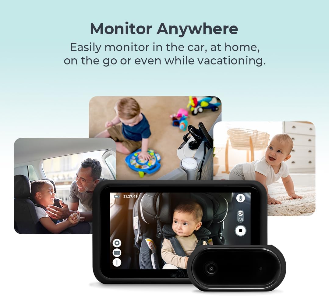 Tiny Traveler 5' HD Touch Screen Baby Car Monitor – Hackproof, No WiFi Baby Camera for Travel and Home, Night Vision, Headrest or Clamp Mount, Baby Reminder Alert - Black