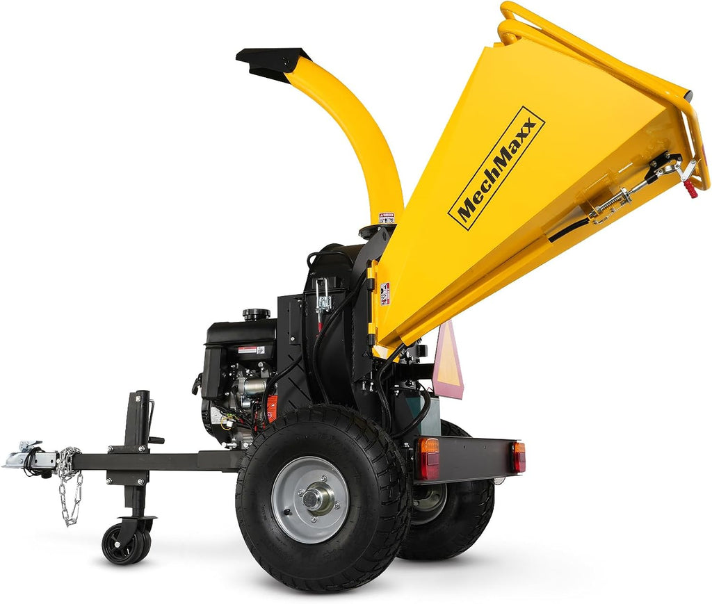 MechMaxx 5'' Inch E-Start 420cc 15hp Gas Powered Wood Chipper Shredder Mulcher with Tail Light, Towbar, Emergency Stop Button, Stop Bar, Model P4205 (Yellow)