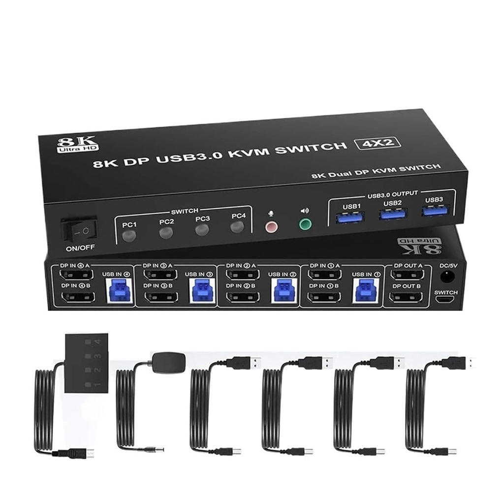 8K Displayport USB3.0 KVM Switch 4x2 for 4 PC Share 2 Monitor Extended Display DP 1.4 KVM Switcher 4 in 2 Out with 3xUSB3.0 Port(with AU Plug)