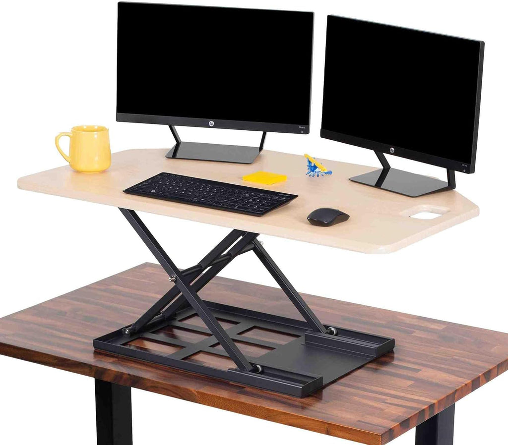 X-Elite Pro 40' Corner Standing Desk Converter with Pneumatic Lift | Adjustable Sit to Stand Riser, L-Shaped Desks & Cubicles | Fully Assembled Computer Workstation (American Maple)