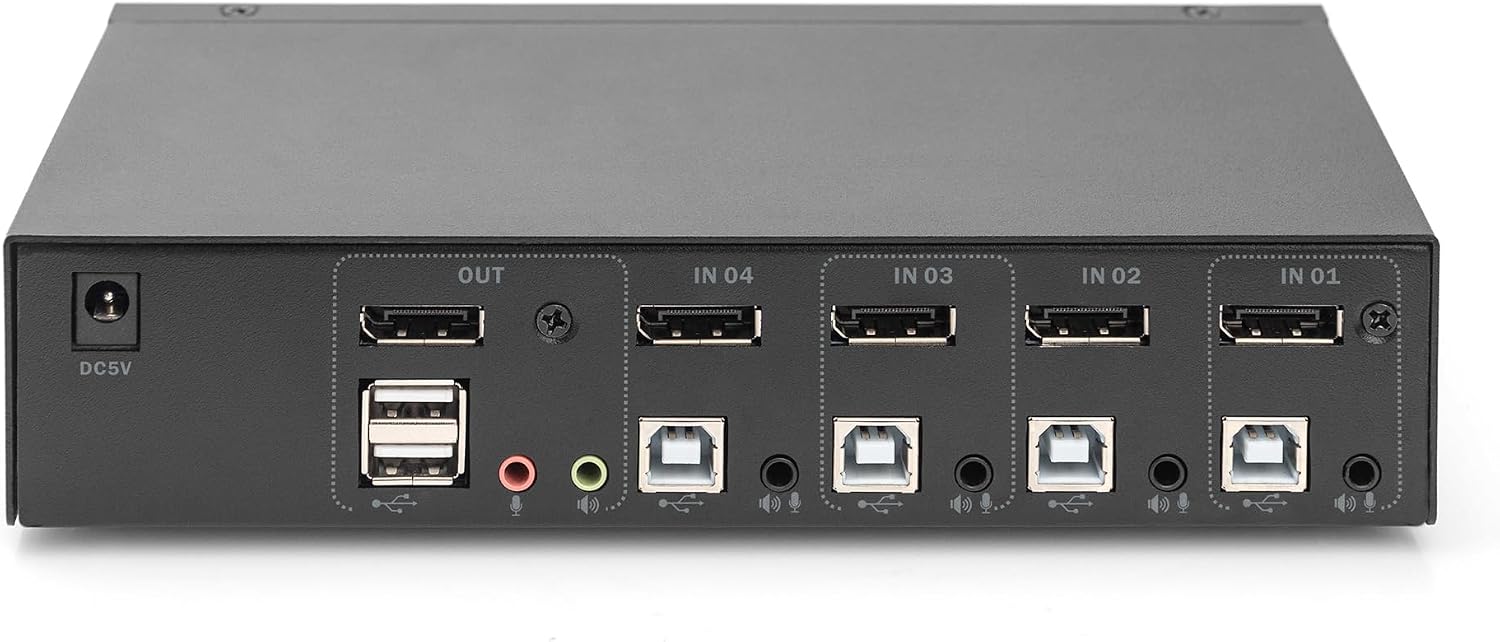 DIGITUS Displayport KVM Switch - 4-Port Single Display - 4 PC 1 Monitor - 1x Mouse, Keyboard & Audio for 4 Computers - UHD 4K@60Hz (4096 x 2160p) - Hot Key Switch - 1x USB 2.0 Hub - Black