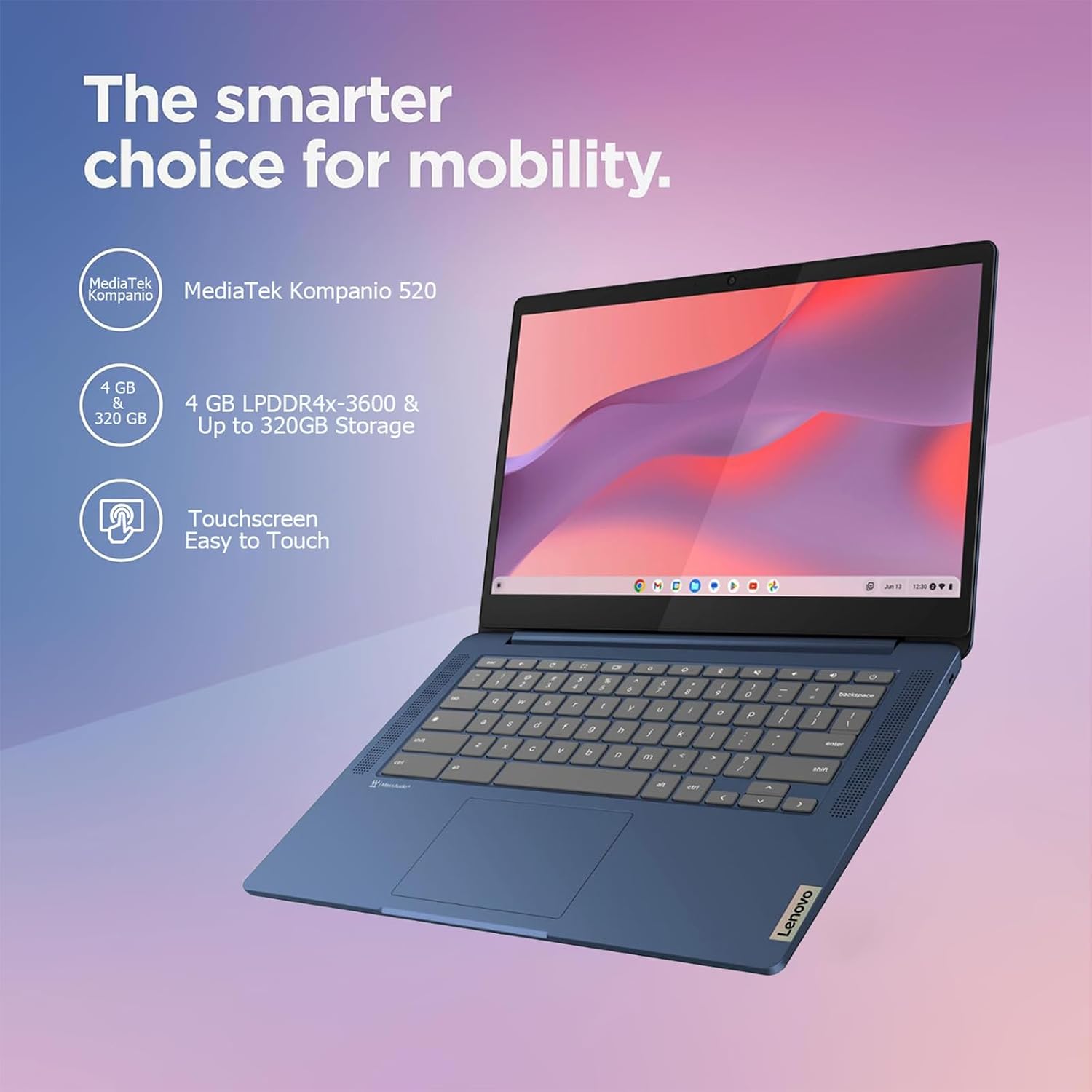Lenovo IdeaPad Slim 3 Chromebook Laptop, 14' FHD Touchscreen Laptop, MediaTek Kompanio 520, 4GB RAM, 64GB eMMC, Wi-Fi 6, Chrome OS, Abyss Blue
