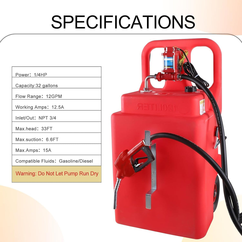 32 Gallon Fuel Caddy 2 Pack, 120L Portable Transfer Caddy with 12 GPM 12V DC Electric Pump for Gasoline Diesel (Pack of 2)