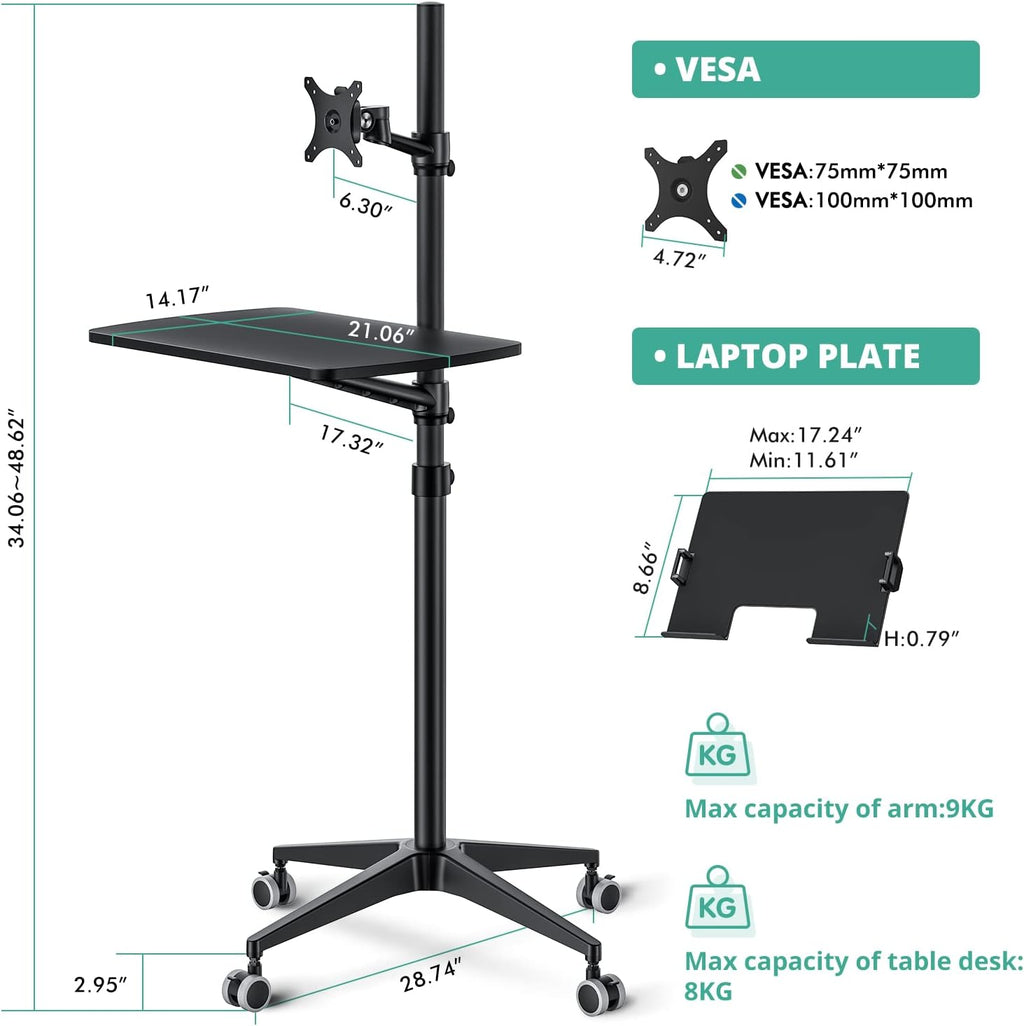 Viozon Mobile Desk,Mobile Workstation,Mulitiuse Rolling Laptop Floor Stand,34'-48.6' Height Adjustable,Compatible with 17'-27' Monitor&12'-17' Laptop,21'×14' Desk,Maxload 17.6lbs,4 Lockable Wheels B