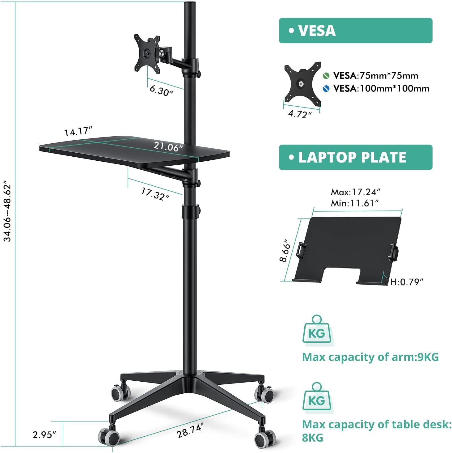 Viozon Mobile Desk,Mobile Workstation,Mulitiuse Rolling Laptop Floor Stand,34'-48.6' Height Adjustable,Compatible with 17'-27' Monitor&12'-17' Laptop,21'×14' Desk,Maxload 17.6lbs,4 Lockable Wheels B