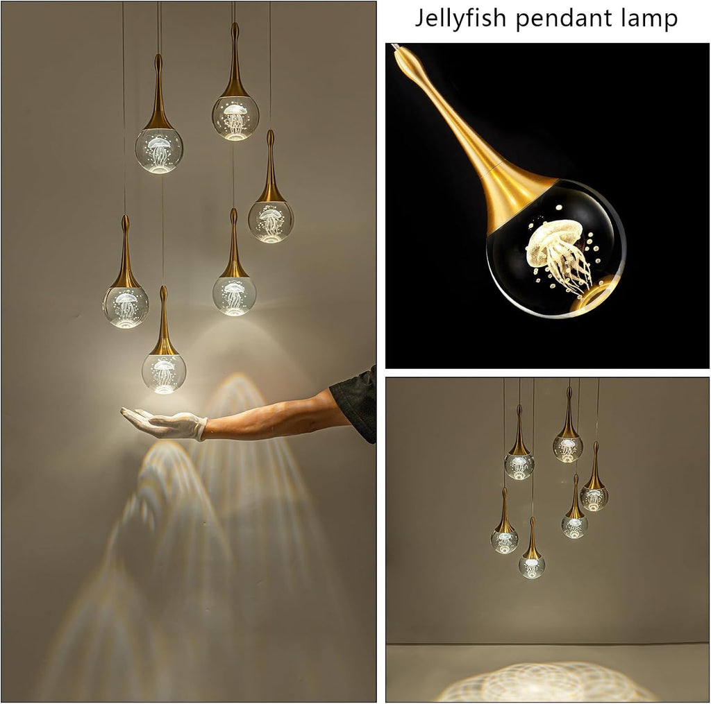 CHYING 6-Lights Pendant Lights Kitchen Island, Modern LED Dimmable Globe Crystal Jellyfish Teardrop Ceiling Pendant Chandelier for Dining Room Hallway Foyer Staircase, Gold Warm White