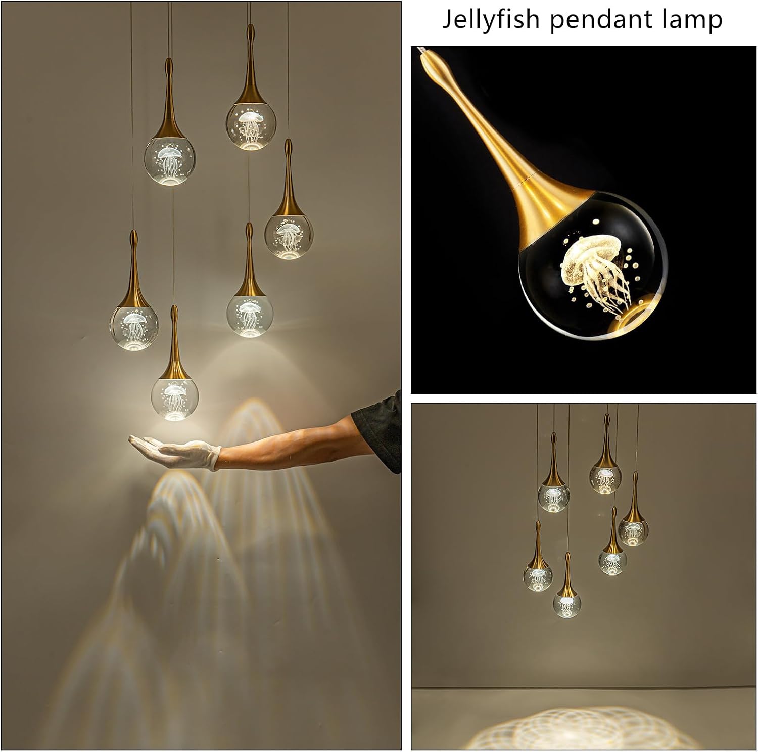 CHYING 6-Lights Pendant Lights Kitchen Island, Modern LED Dimmable Globe Crystal Jellyfish Teardrop Ceiling Pendant Chandelier for Dining Room Hallway Foyer Staircase, Gold Warm White