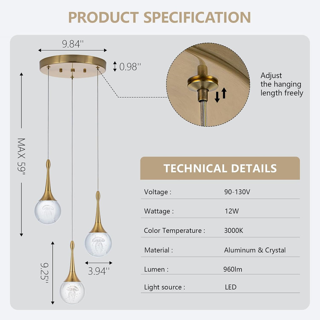 CHYING 3-Lights Pendant Lights Kitchen Island, Modern LED Dimmable Globe Crystal Jellyfish Teardrop Ceiling Pendant Lighting for Dining Room Hallway Entryway Bedroom, Gold Warm White
