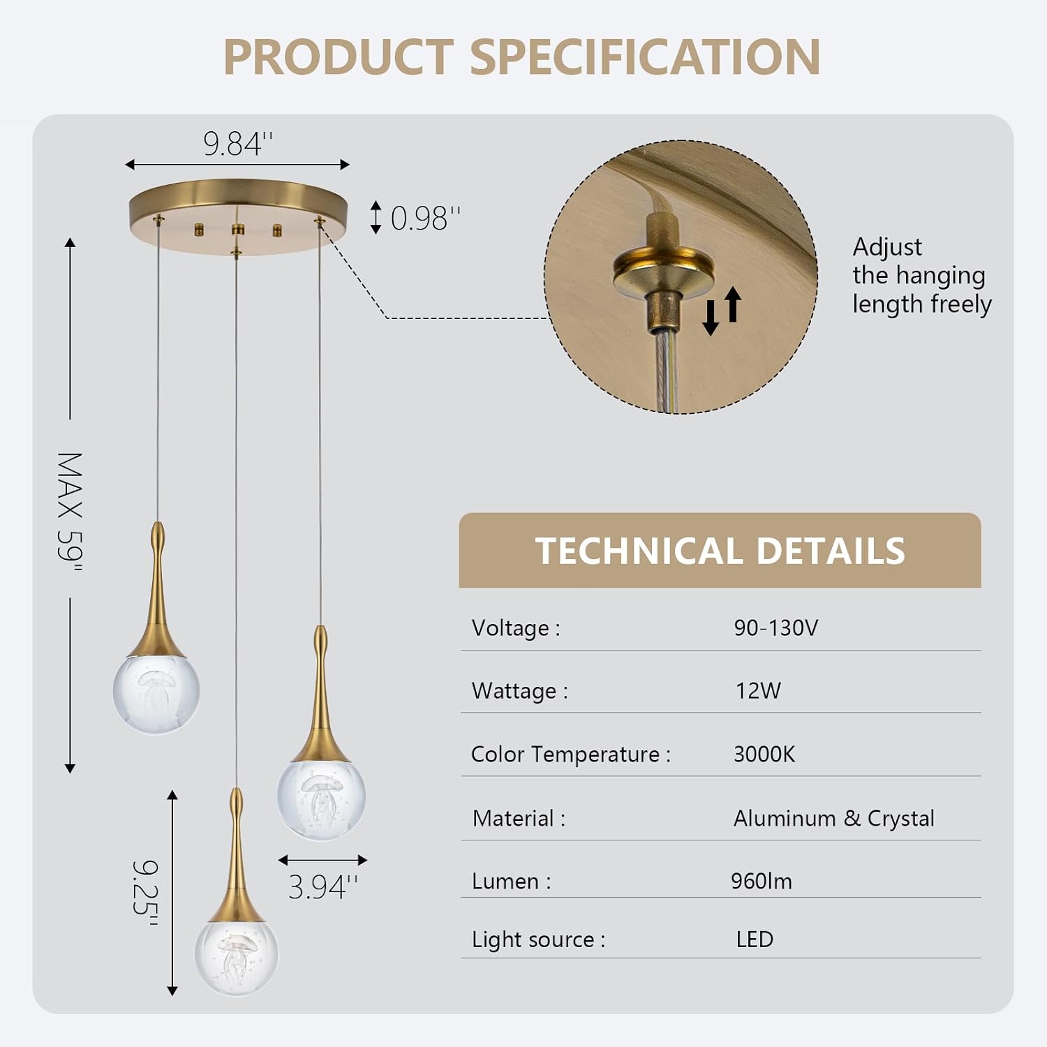 CHYING 3-Lights Pendant Lights Kitchen Island, Modern LED Dimmable Globe Crystal Jellyfish Teardrop Ceiling Pendant Lighting for Dining Room Hallway Entryway Bedroom, Gold Warm White