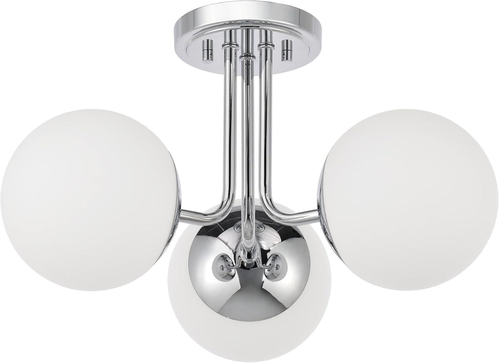 3 Light Semi Flush Mount Chrome Ceiling Light Fixture, Modern Globe Chandelier, Sputnik Farmhouse Lighting for Kitchen Bedroom Bathroom Living Room Corridor Laundry Room Bar