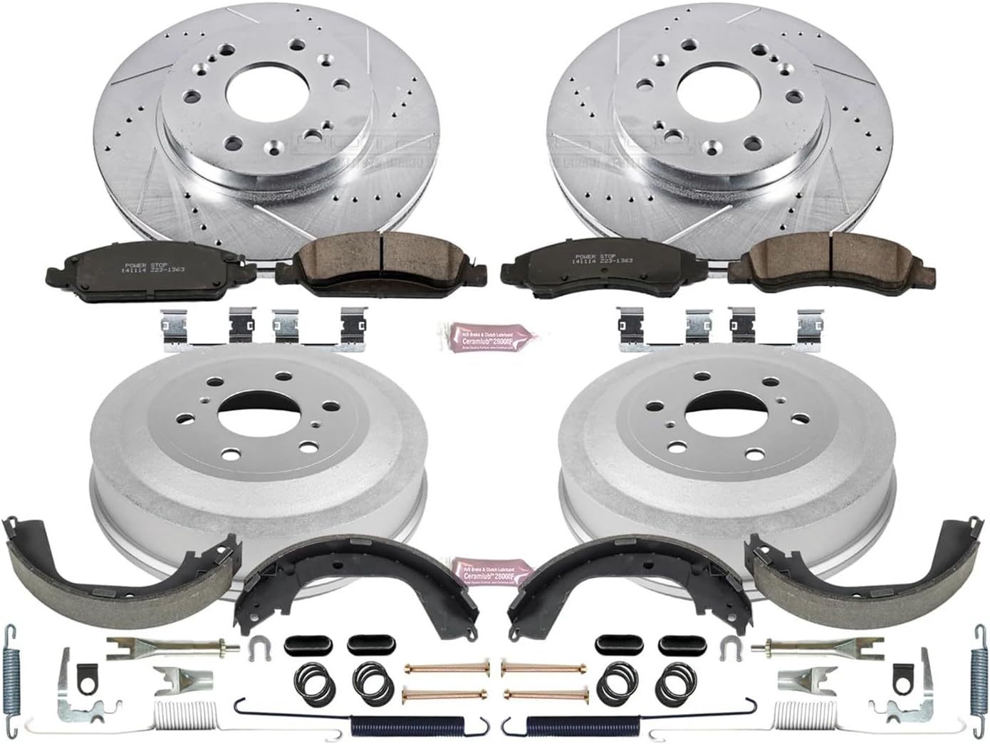 Power Stop K15263DK Front and Rear Z23 Carbon Fiber Brake Pads with Drilled and Slotted Brake Drums Kit For 2009 - 2013 Chevy Silverado 1500 GMC Sierra 1500