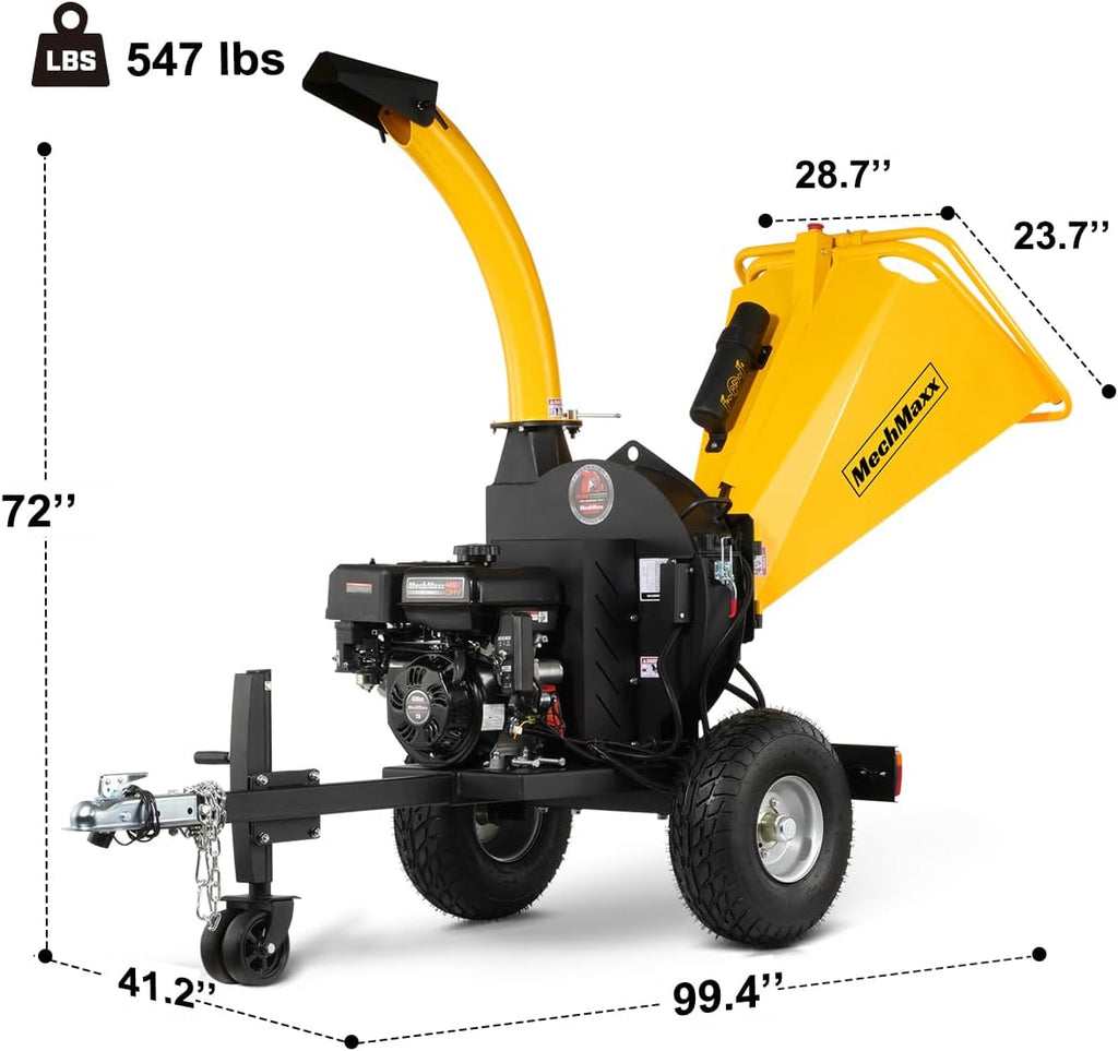 MechMaxx 5'' Inch E-Start 420cc 15hp Gas Powered Wood Chipper Shredder Mulcher with Tail Light, Towbar, Emergency Stop Button, Stop Bar, Model P4205 (Yellow)