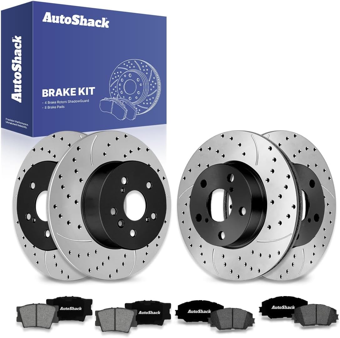 AutoShack Front & Rear Brake Rotors & Premium Pads for Toyota & Lexus, RAV4 2006-2008 HS250h 2010-2012, FWD 4WD L4 2.4L - E-Coated Drilled & Slotted - ShadowGuard