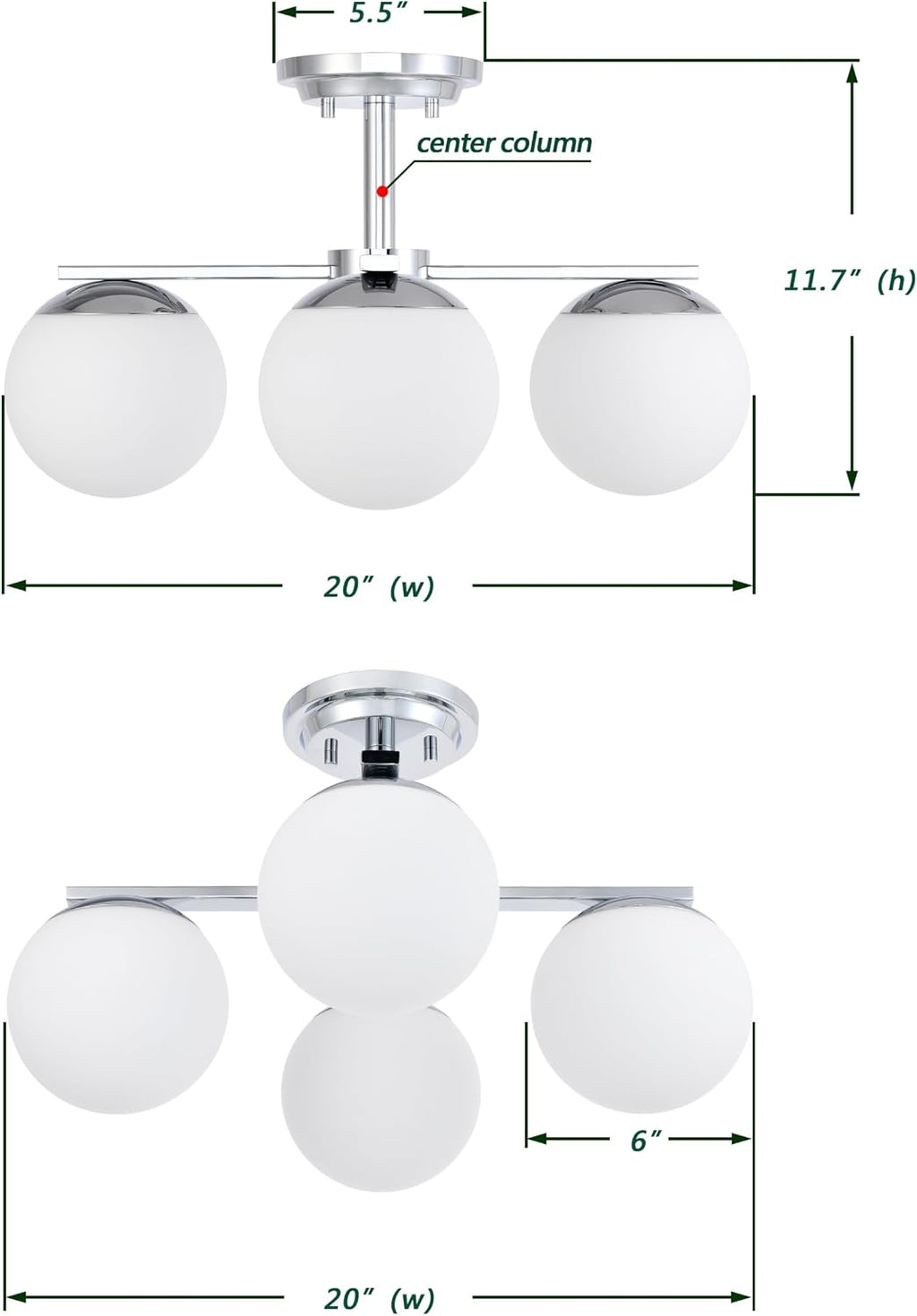 Chrome Semi Flush Mount Ceiling Light, 4-Ligh Modern Kitchen Lighting Fixtures with Globe Glass Shade, Hallway Light Fixtures Ceiling Mount for Dining Room, Living Room, Bedroom, Foyer