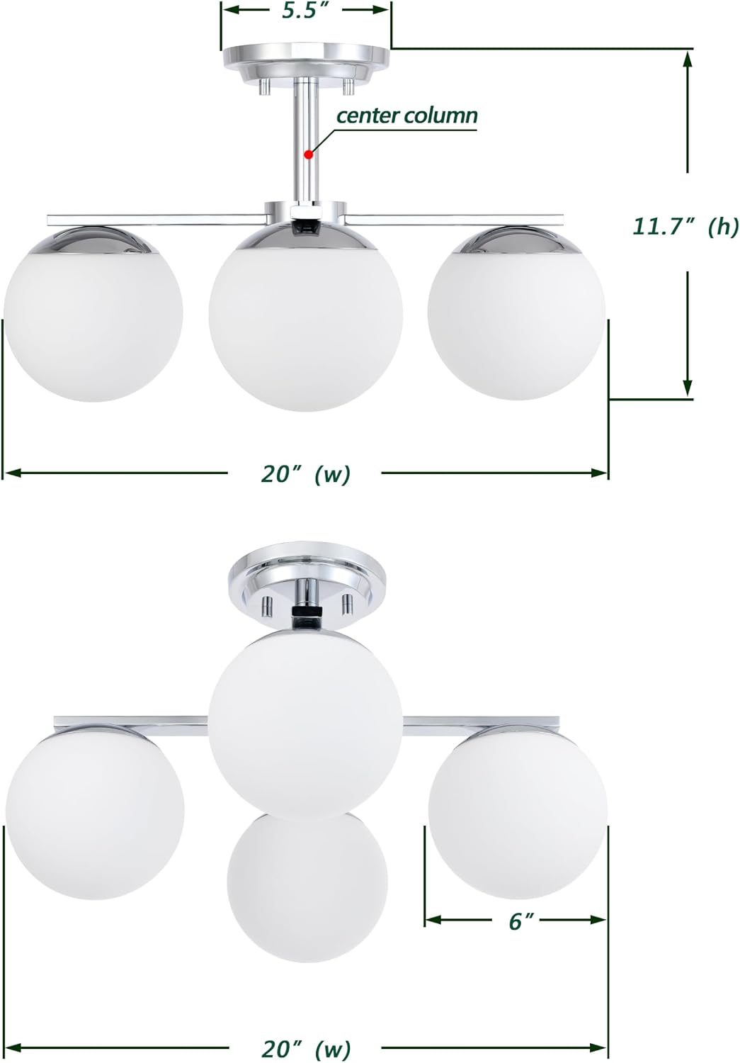 Chrome Semi Flush Mount Ceiling Light, 4-Ligh Modern Kitchen Lighting Fixtures with Globe Glass Shade, Hallway Light Fixtures Ceiling Mount for Dining Room, Living Room, Bedroom, Foyer
